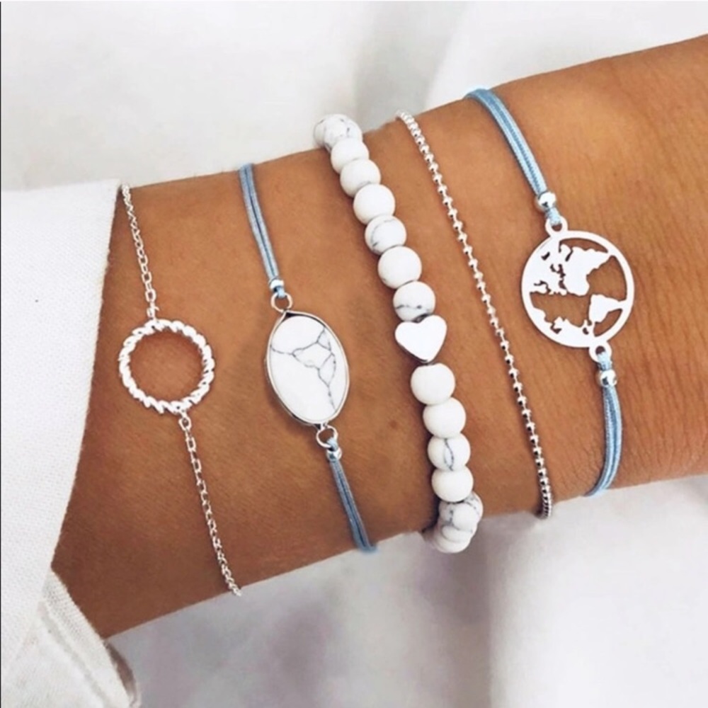 Silver Tone World and Stone Bracelet Set